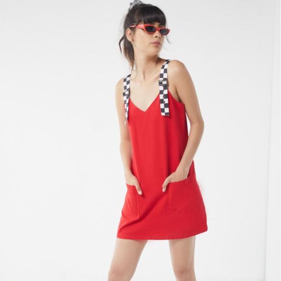 Lazy Oaf Checkered Buckle-Strap Pinafore Dress Red Black White XS - Picture 1 of 10